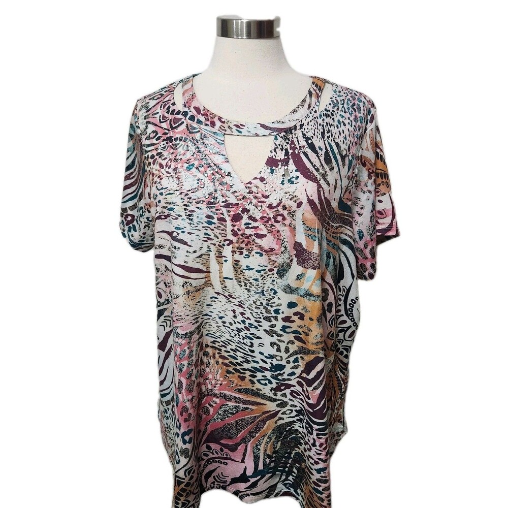 Gloria Vanderbilt Women Plus 1X Top T- Shirt Studded Cutout Neck Knit Stretch